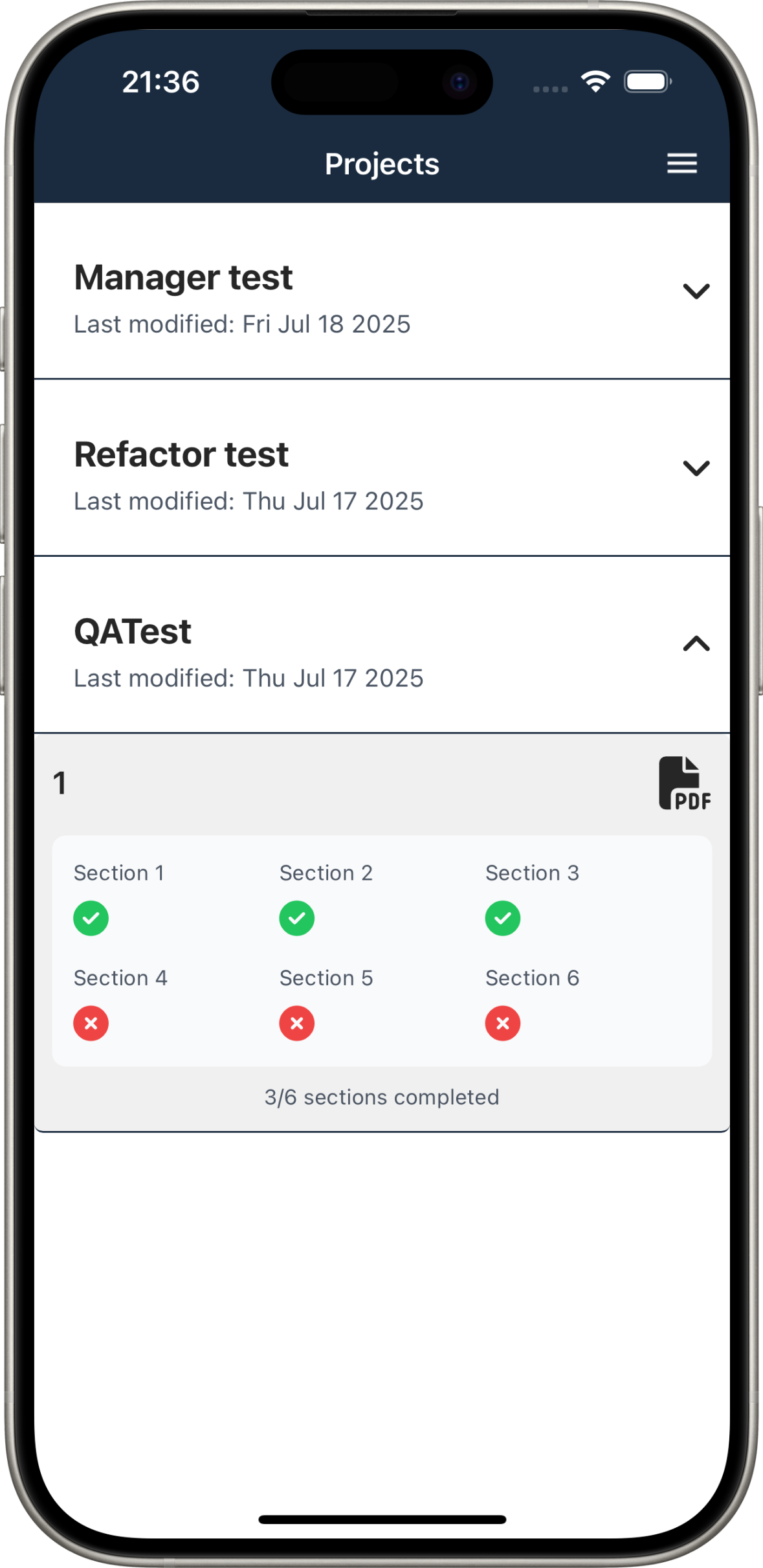 Buildsnapper Manager app showing multi-project dashboard with evidence tracking and compliance monitoring