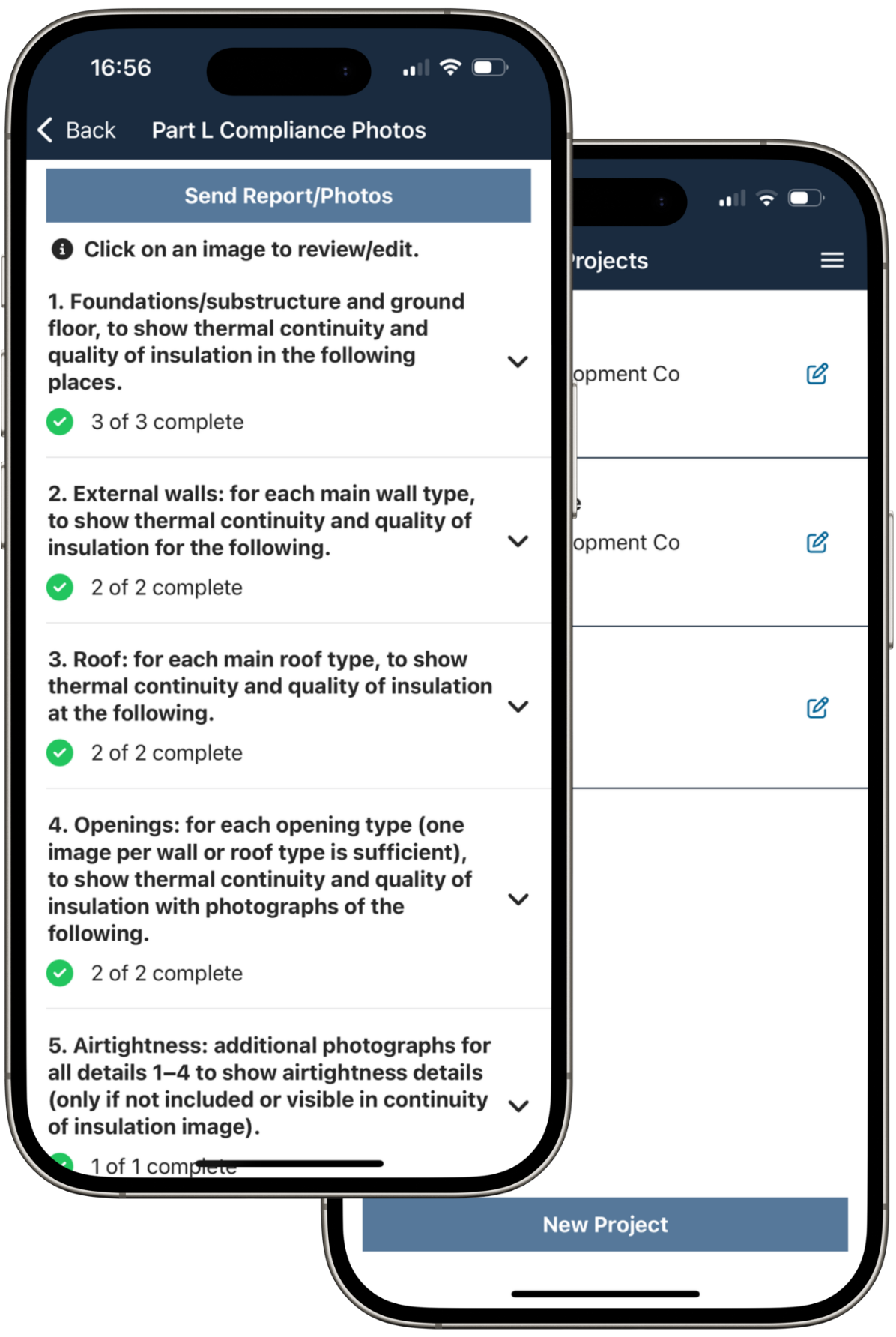 Buildsnapper app screenshots showing project management, photo capture, and report generation features